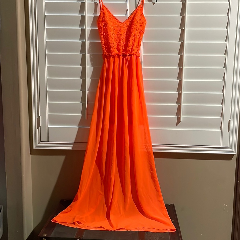 Beautiful neon orange backless maxi dress